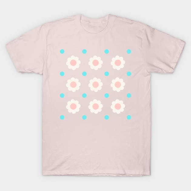 White and pink flowers with blue dots on turquoise background T-Shirt by marufemia